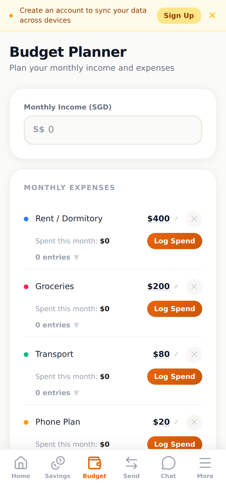 Remlo's Budget Planner: a monthly income field and example expense categories including rent or dormitory, groceries, transport and phone plan, each with a Log Spend button.