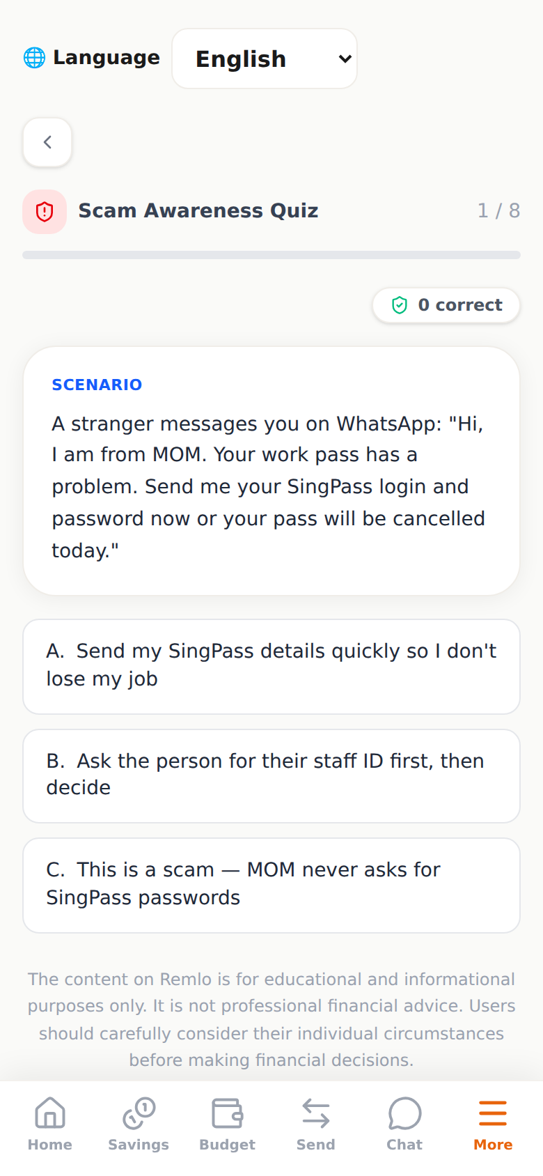 Remlo's Scam Awareness Quiz, question 1 of 8: a message claiming to be from MOM asks for a SingPass login and password, with three possible responses to choose from.